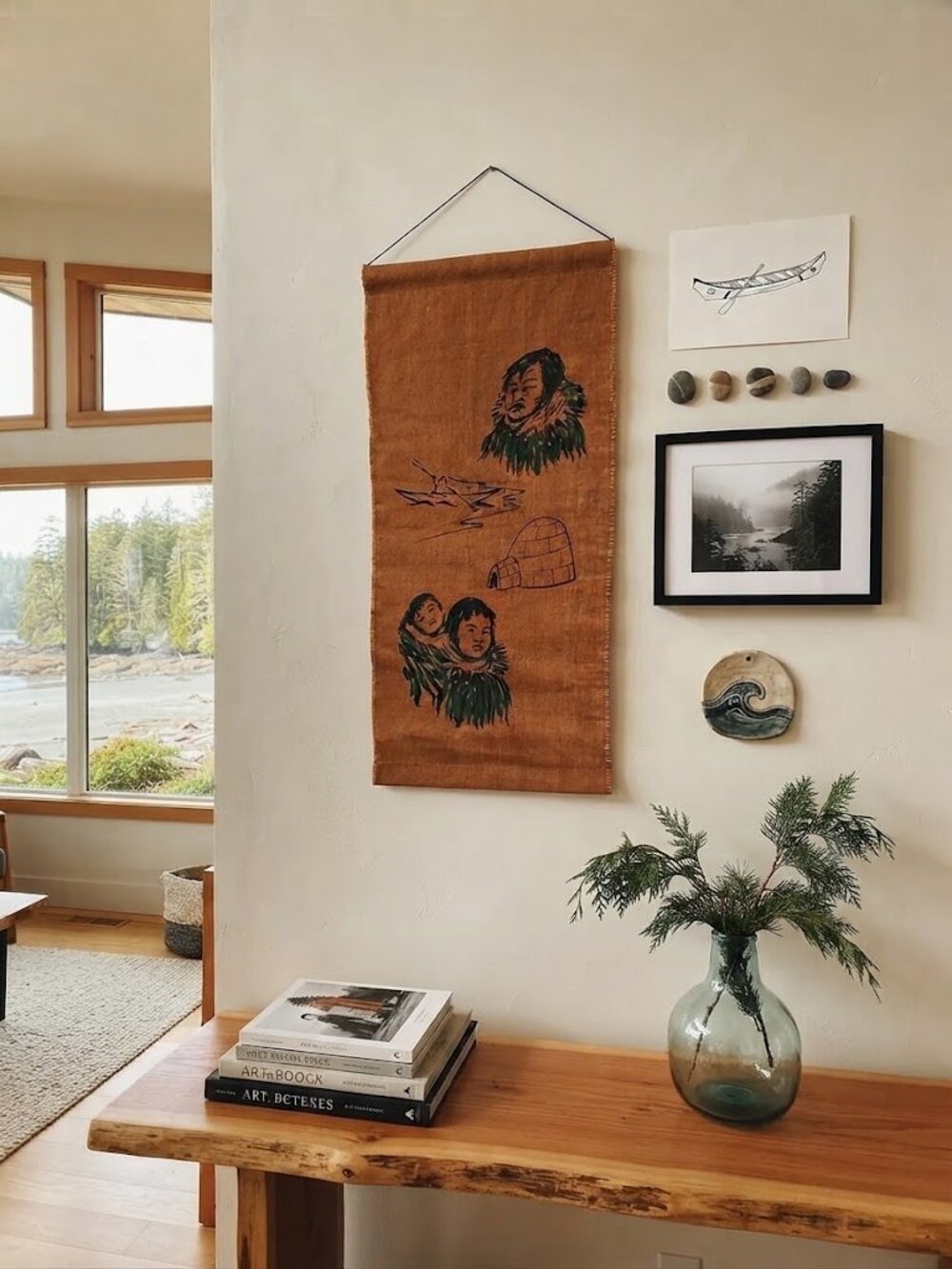 Vtg Mid Century Canadian Indigenous Art Screenprint on Burlap Canvas – Unsigned